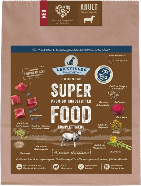 LAKEFIELDS MANUFAKTUR - SUPERFOOD - Premium Hundefutter trocken, Lamm 61% für kleine ausgewachsene Hunde