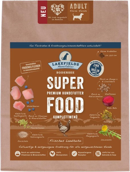 LAKEFIELDS MANUFAKTUR - SUPER Food - Premium Hundefutter trocken, Huhn 1kg für kleine ausgewachsene Hunde