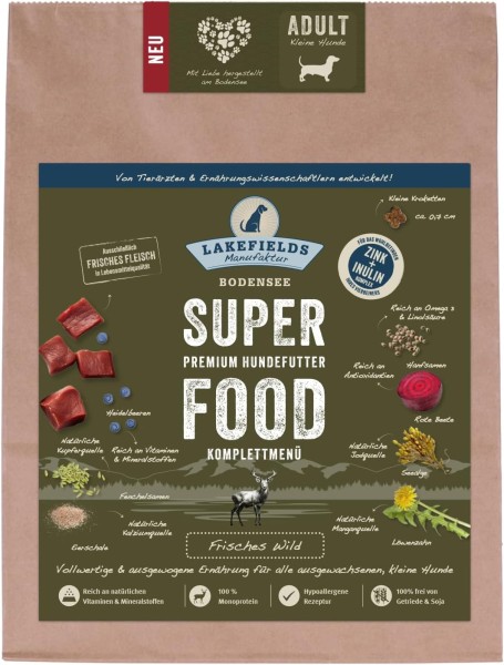 LAKEFIELDS MANUFAKTUR - SUPERFOOD - Premium Hundefutter trocken, Wild 61%, für kleine ausgewachsene Hunde