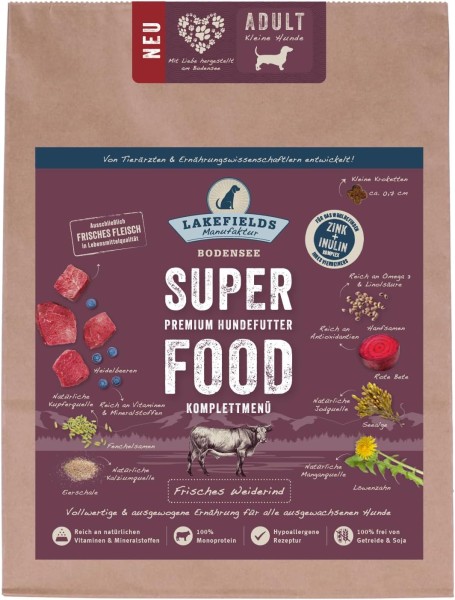 Lakefields Premium SUPERFOOD RIND, die Trockenfutter-Sensation für Ihren Hund 1kg für kleine ausgewachsene